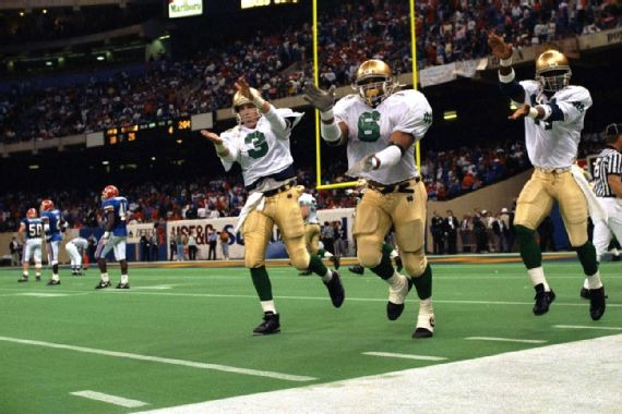 The Jerome Bettis-led team was thrilled to trade in its navy-and-gold unis for a Sugar Bowl win over Florida in 1992. Al Tielemans/Sports Illustrated/Getty Images